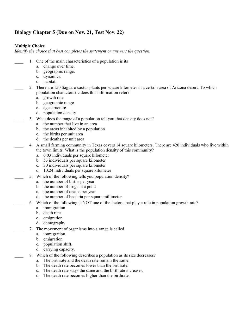 Biology Chapter 5 (Due on Nov