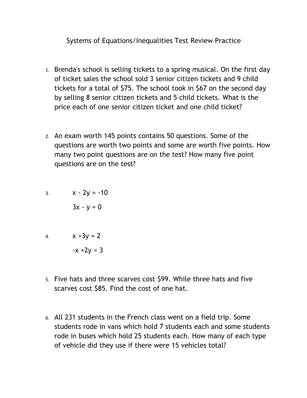 Systems of Equations/Inequalities Test Review Practice