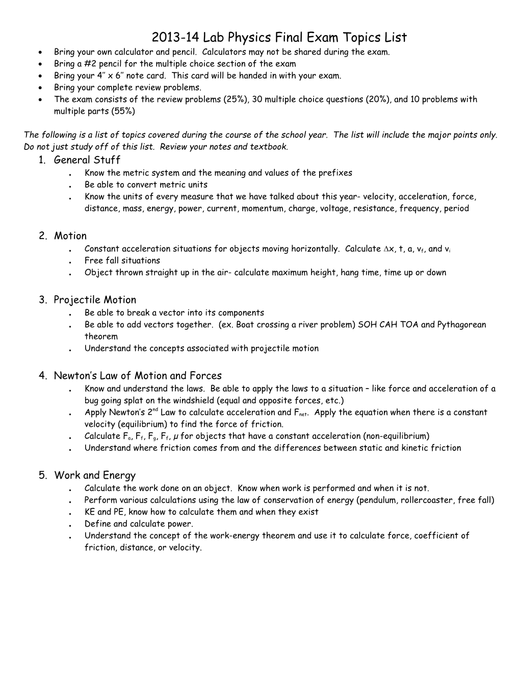 2013-14 Lab Physics Final Exam Topics List