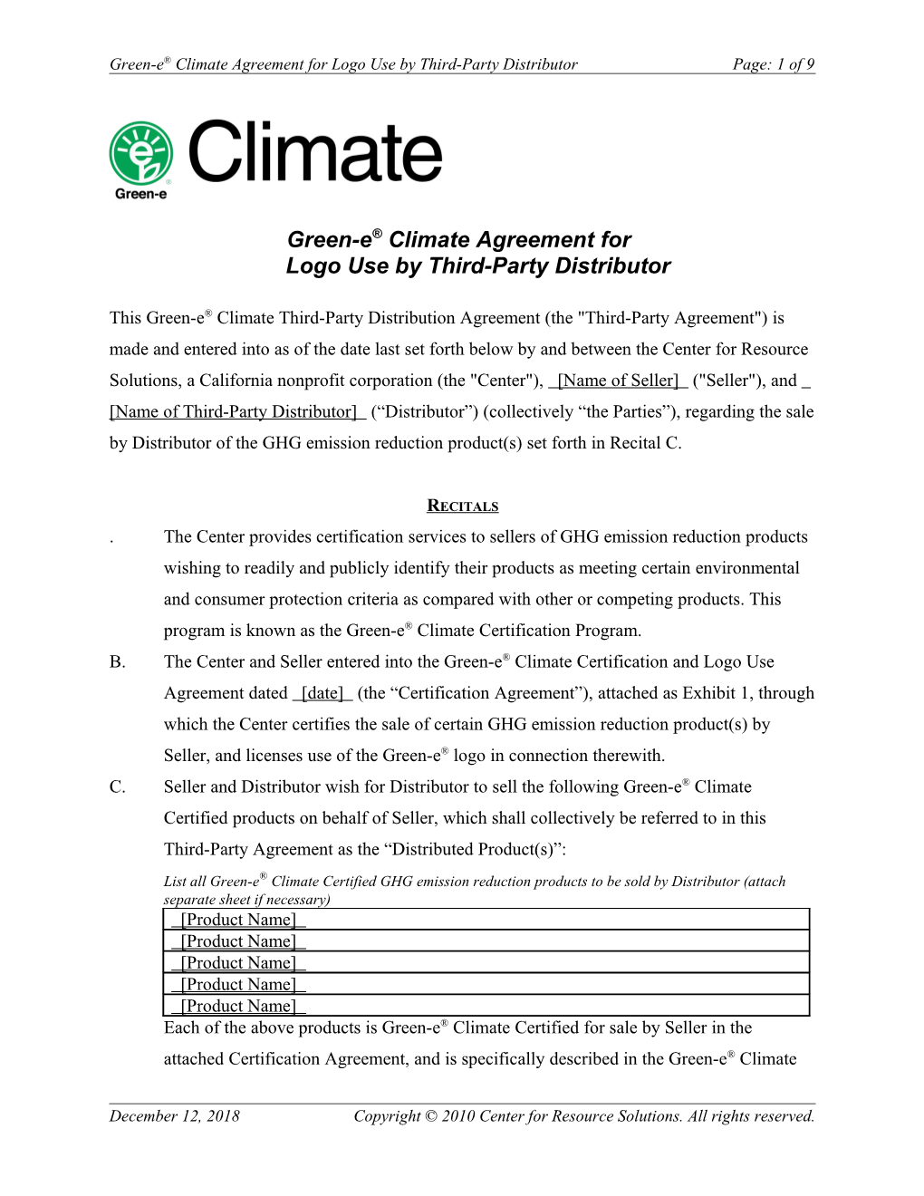 Green-E Climate Agreement for Logo Use by Third-Party Distributor