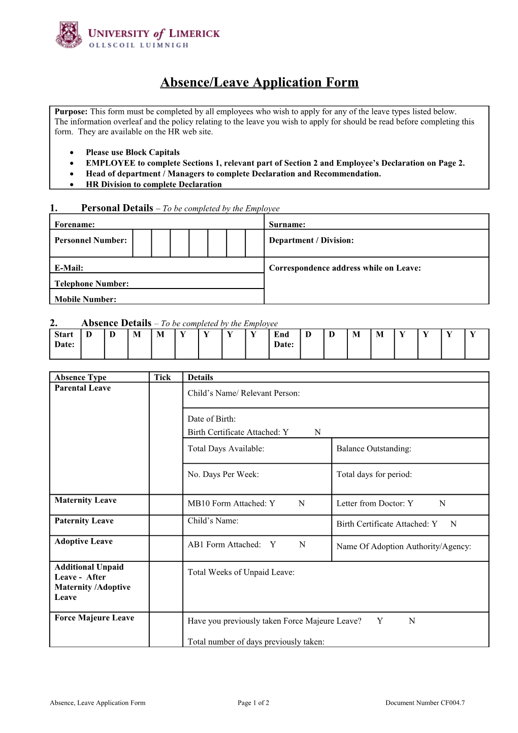 Absence Application Form Hr 05