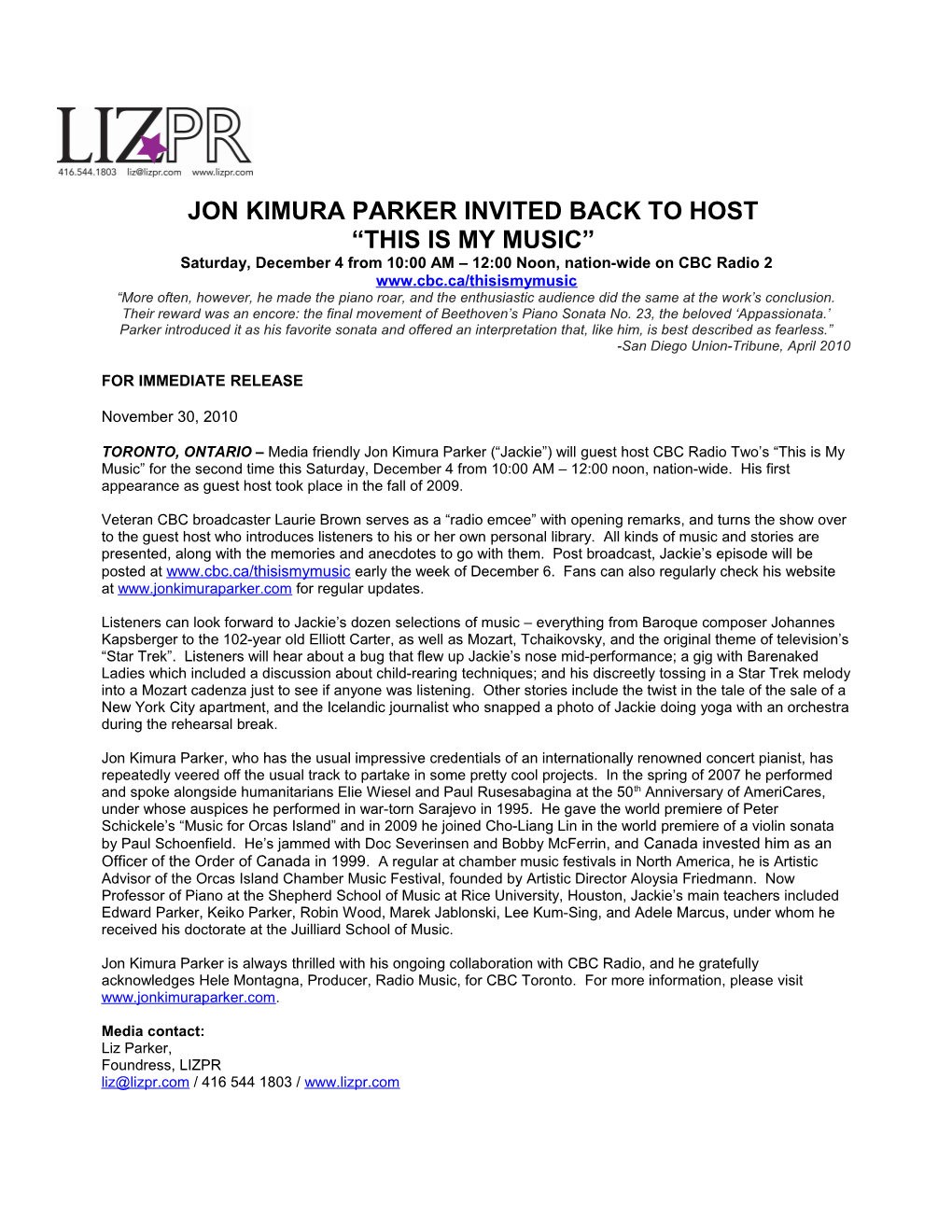 Jon Kimura Parker Invited Back to Host