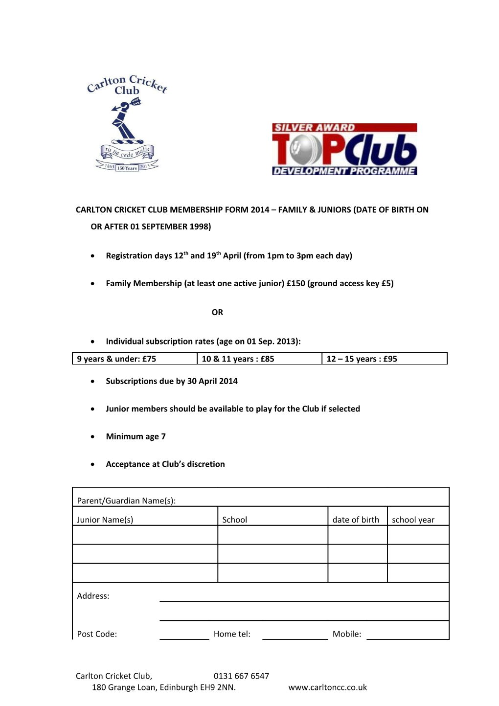 Carlton Cricket Club Membership Form 2014 Family & Juniors (Date of Birth on Or After