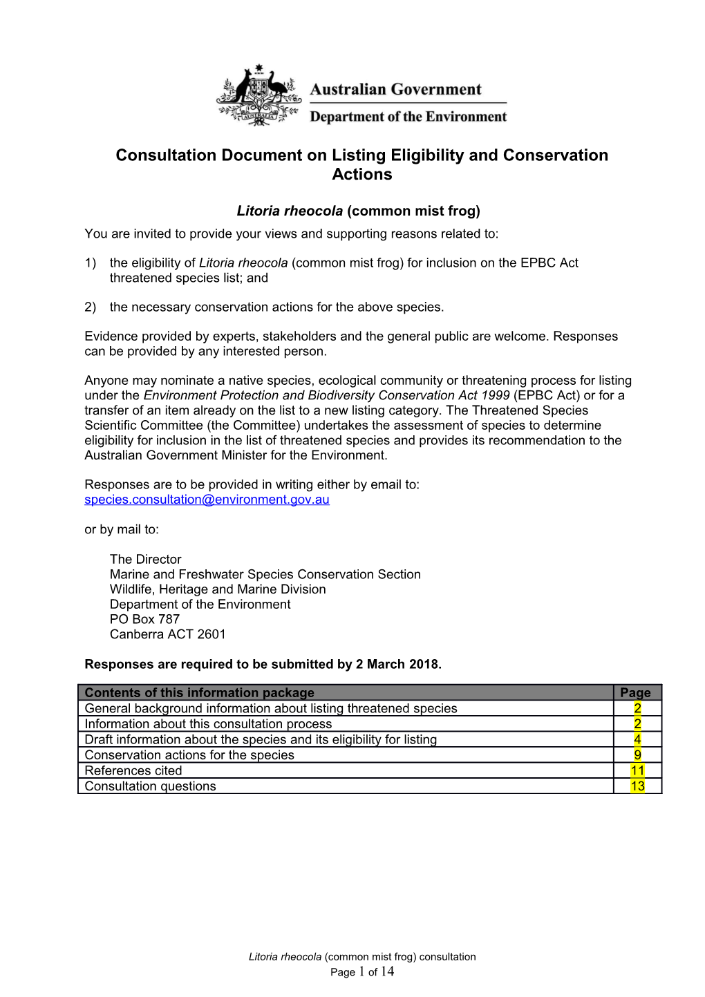 Consultation Document on Listing Eligibility and Conservation Actions Litoria Rheocola