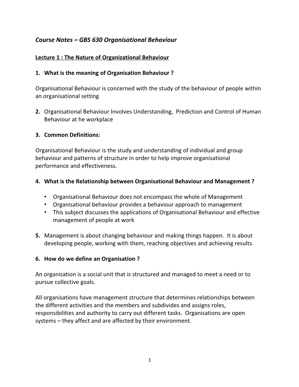 Course Notes GBS 630 Organisational Behaviour