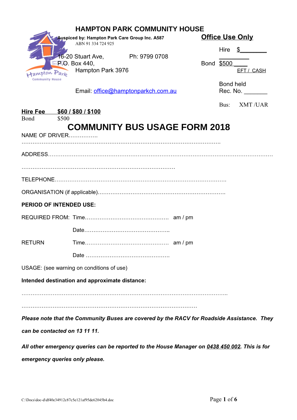 Community Bus Usage Form