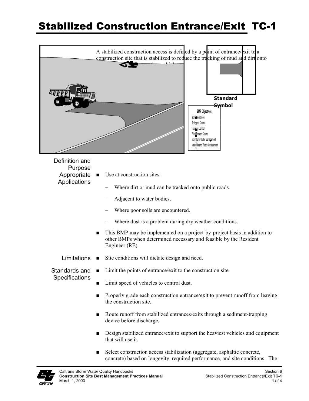 Construction Site Best Management Practices Manual Stabilized Construction Entrance/Exit TC-1