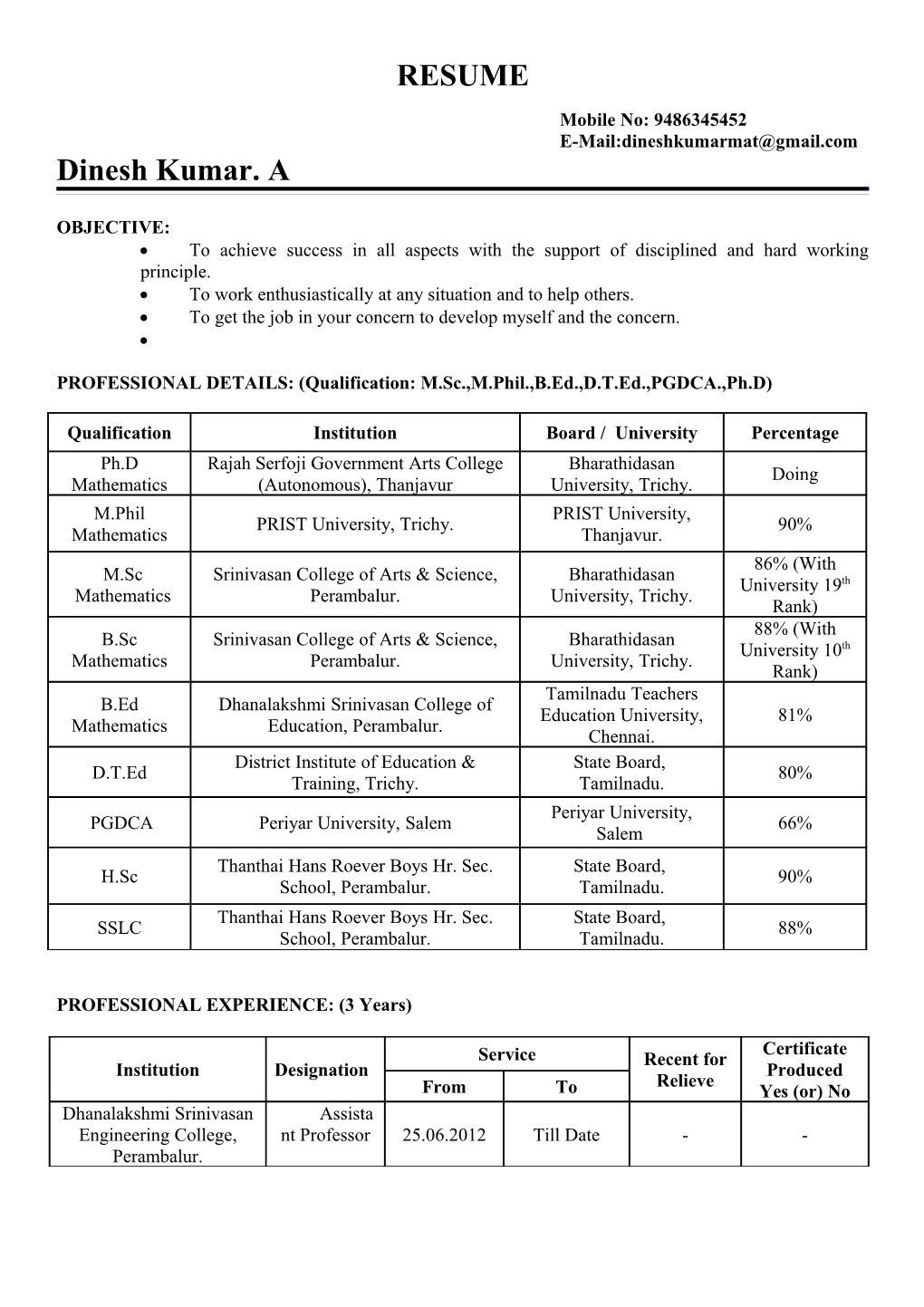 PROFESSIONAL DETAILS: (Qualification: M.Sc.,M.Phil.,B.Ed.,D.T.Ed.,PGDCA.,Ph.D)