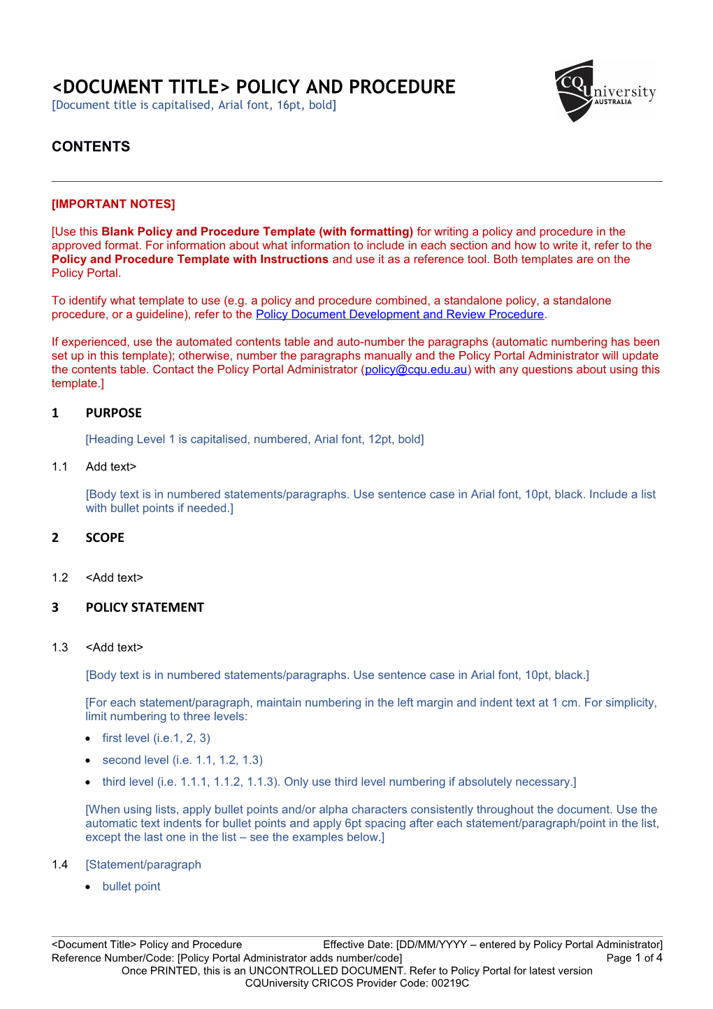 Policy and Procedure Template - Blank