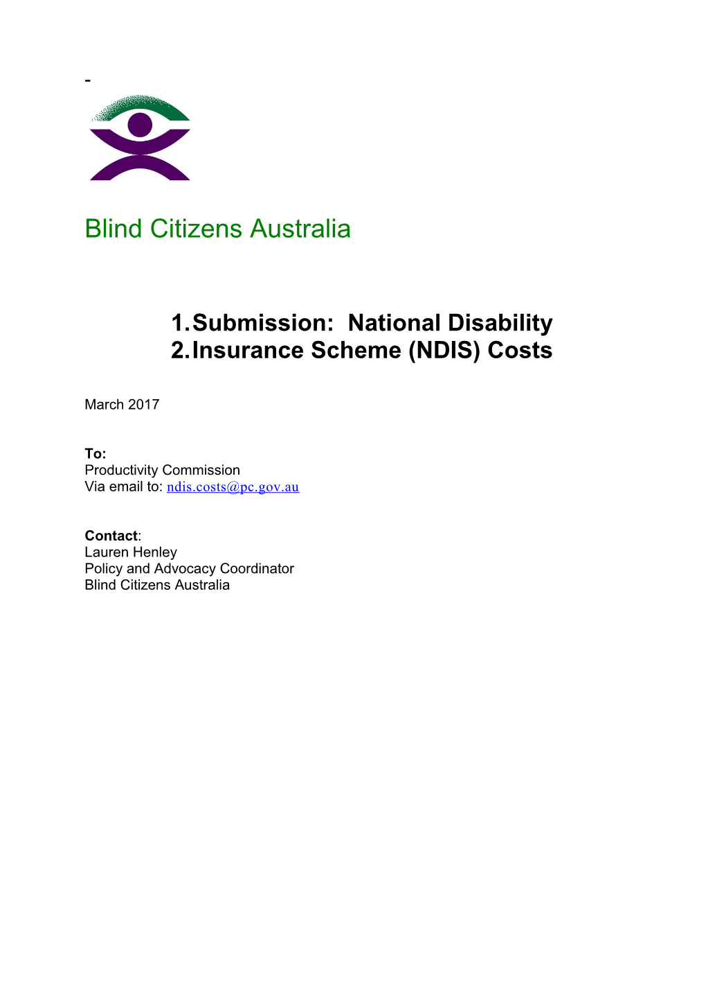 Submission 130 - Blind Citizens Australia - National Disability Insurance Scheme (NDIS)