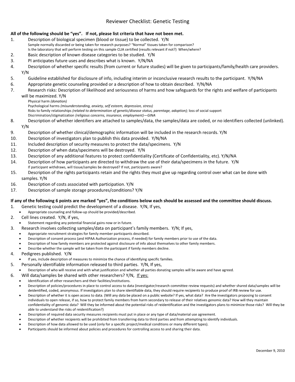 Reviewer Checklist: Genetic Testing