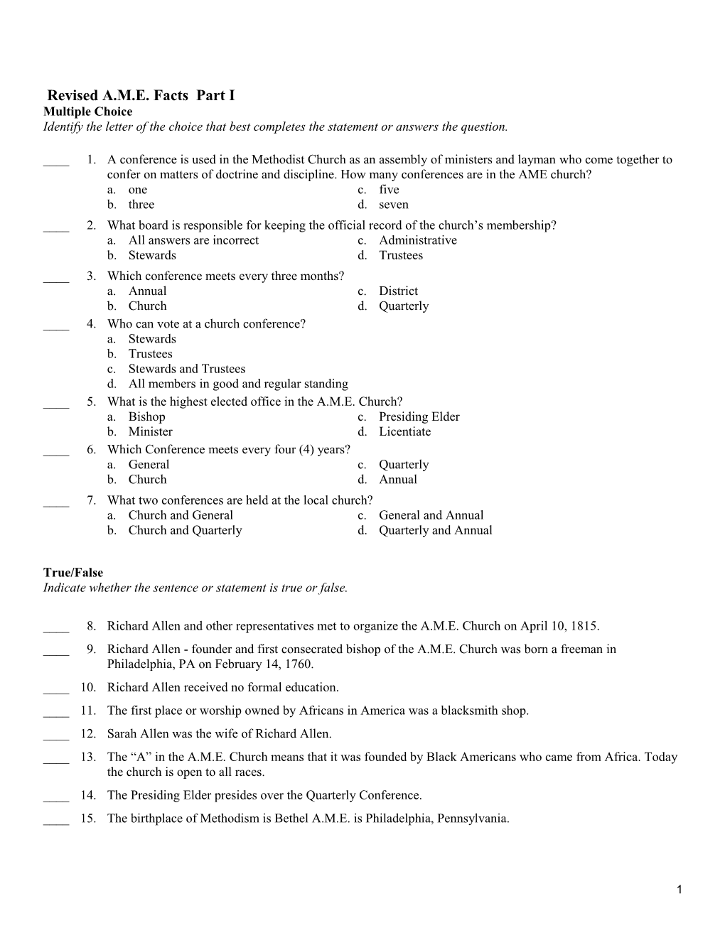 Revised A.M.E. Facts Part I