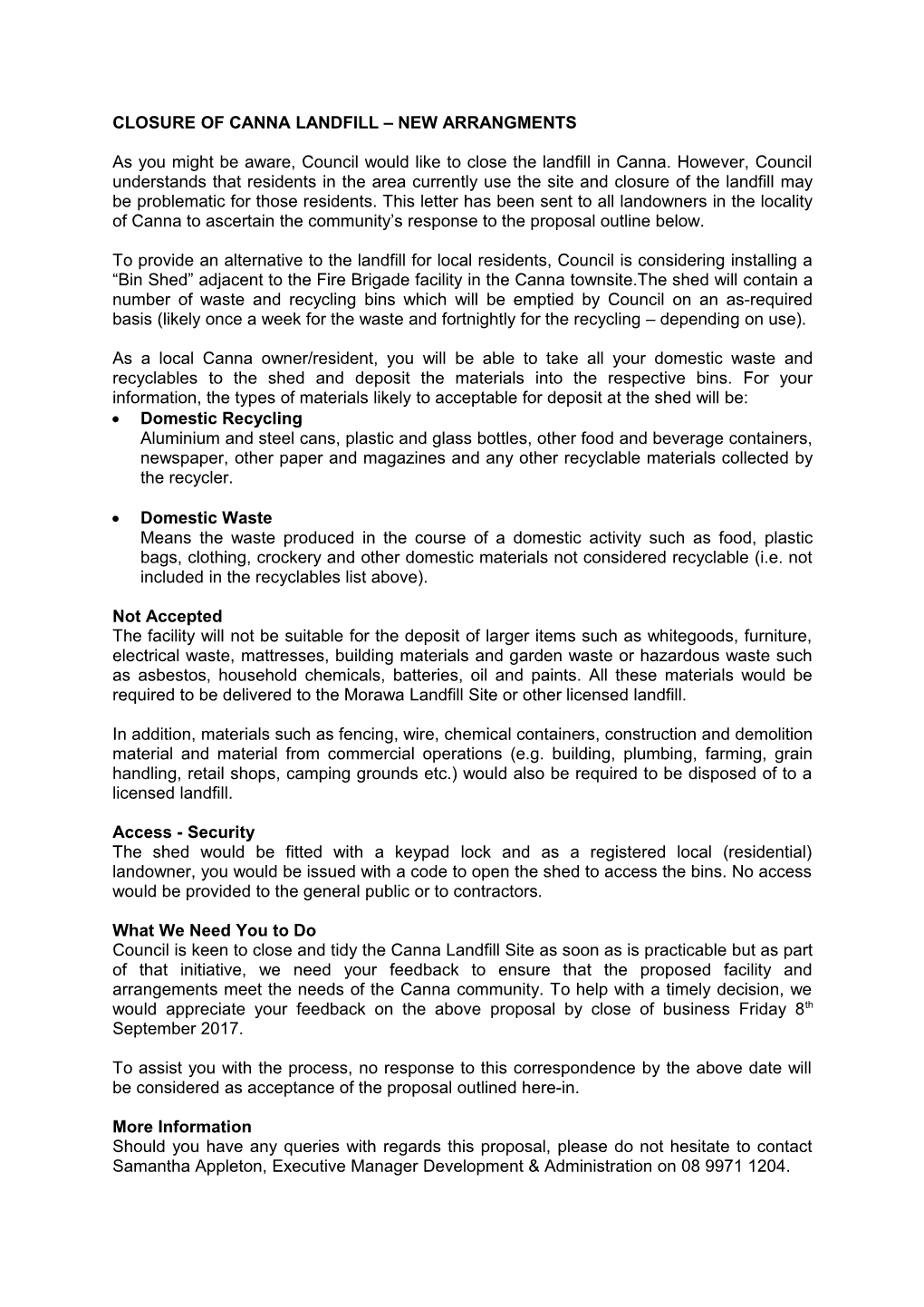 Closure of Canna Landfill New Arrangments