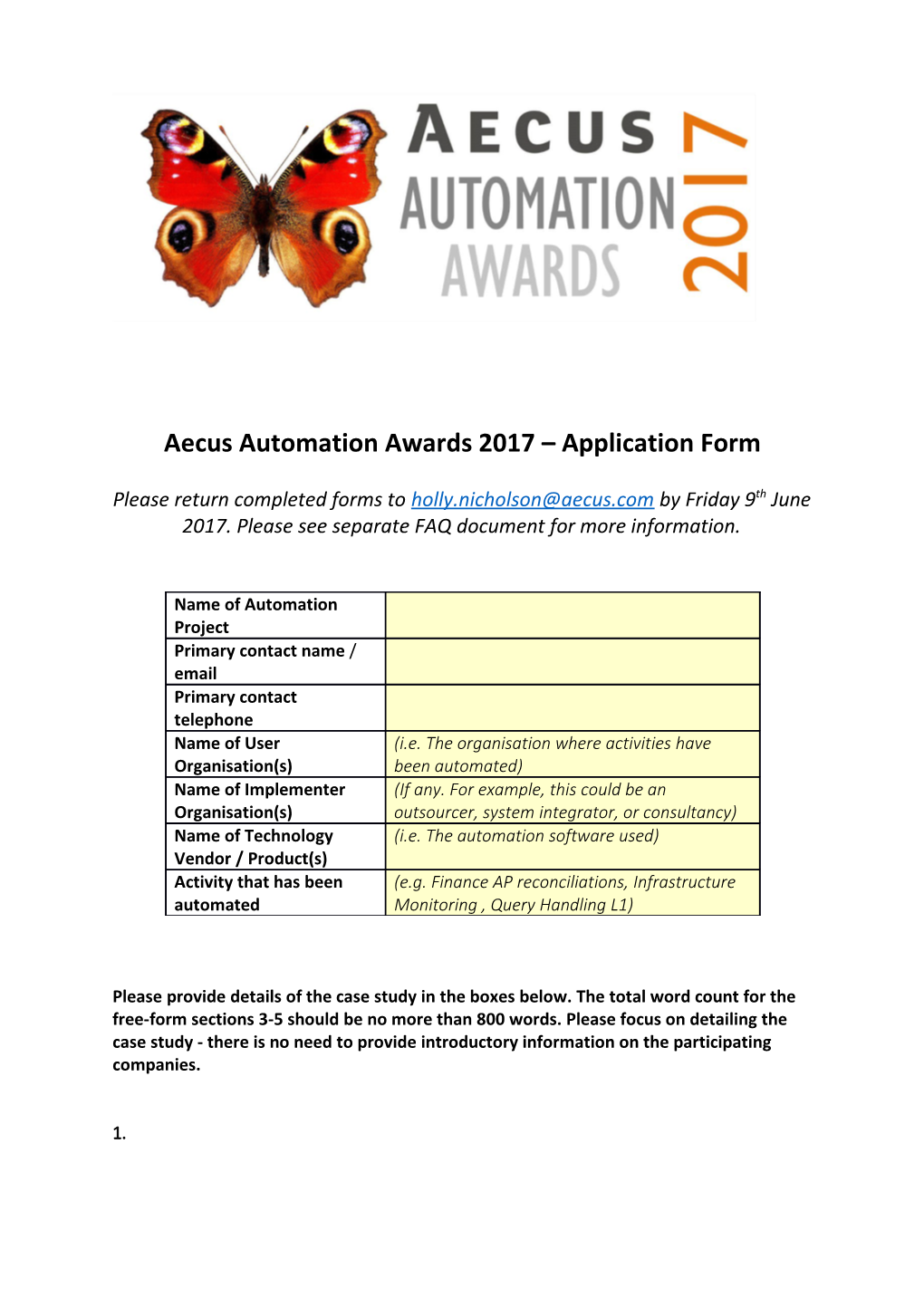 Aecus Automation Awards 2017 Application Form