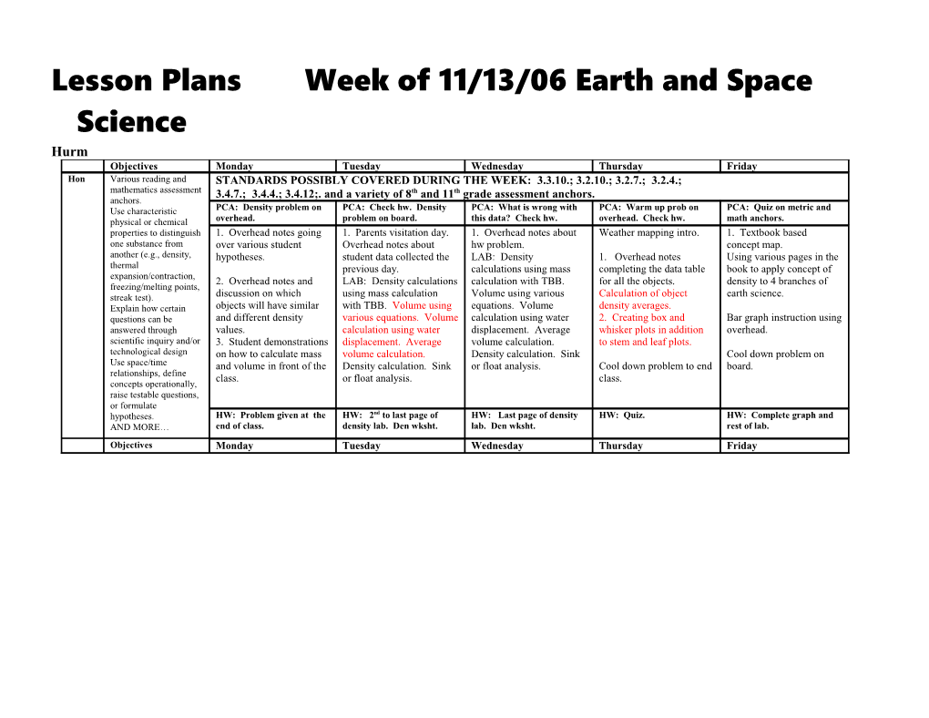 Lesson Plansweek of 11/13/06 Earth and Space Science