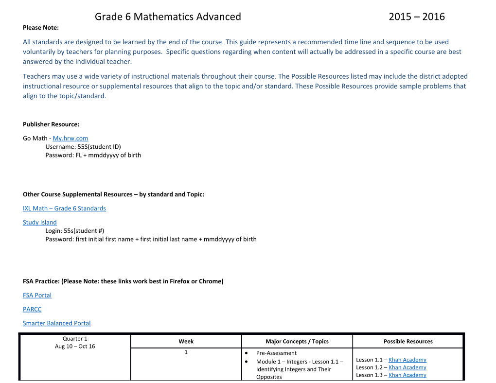 Grade 6 Mathematics Advanced 2015 2016
