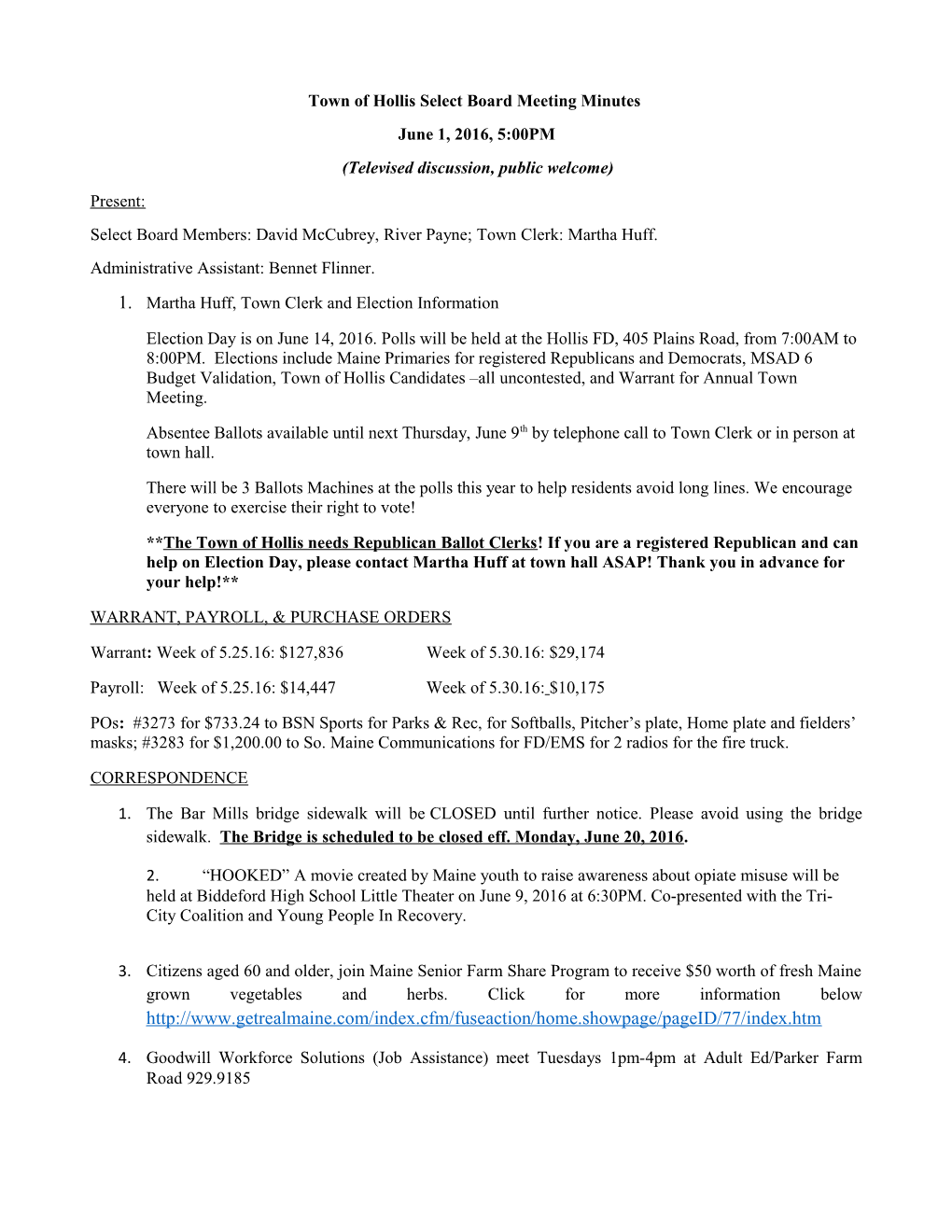 Town of Hollis Select Board Meeting Minutes