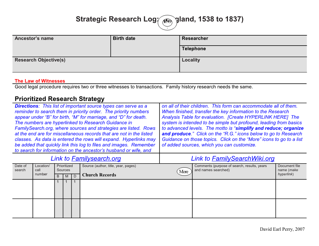 Strategic Research Log: (England, 1538 to 1837)