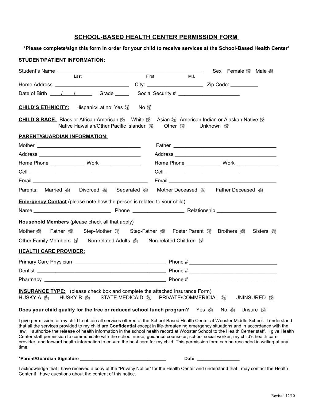School-Based Health Center Permission Form