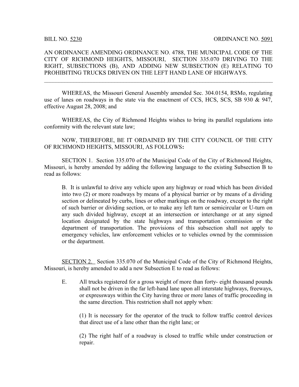 An Ordinance Amending Ordinance No. 4788, the Municipal Code of the City of Richmond Heights