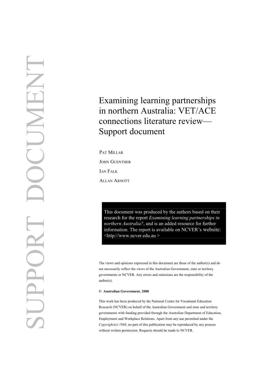 Examining Learning Partnerships in Northern Australia: VET/ACE Connections Literature Review