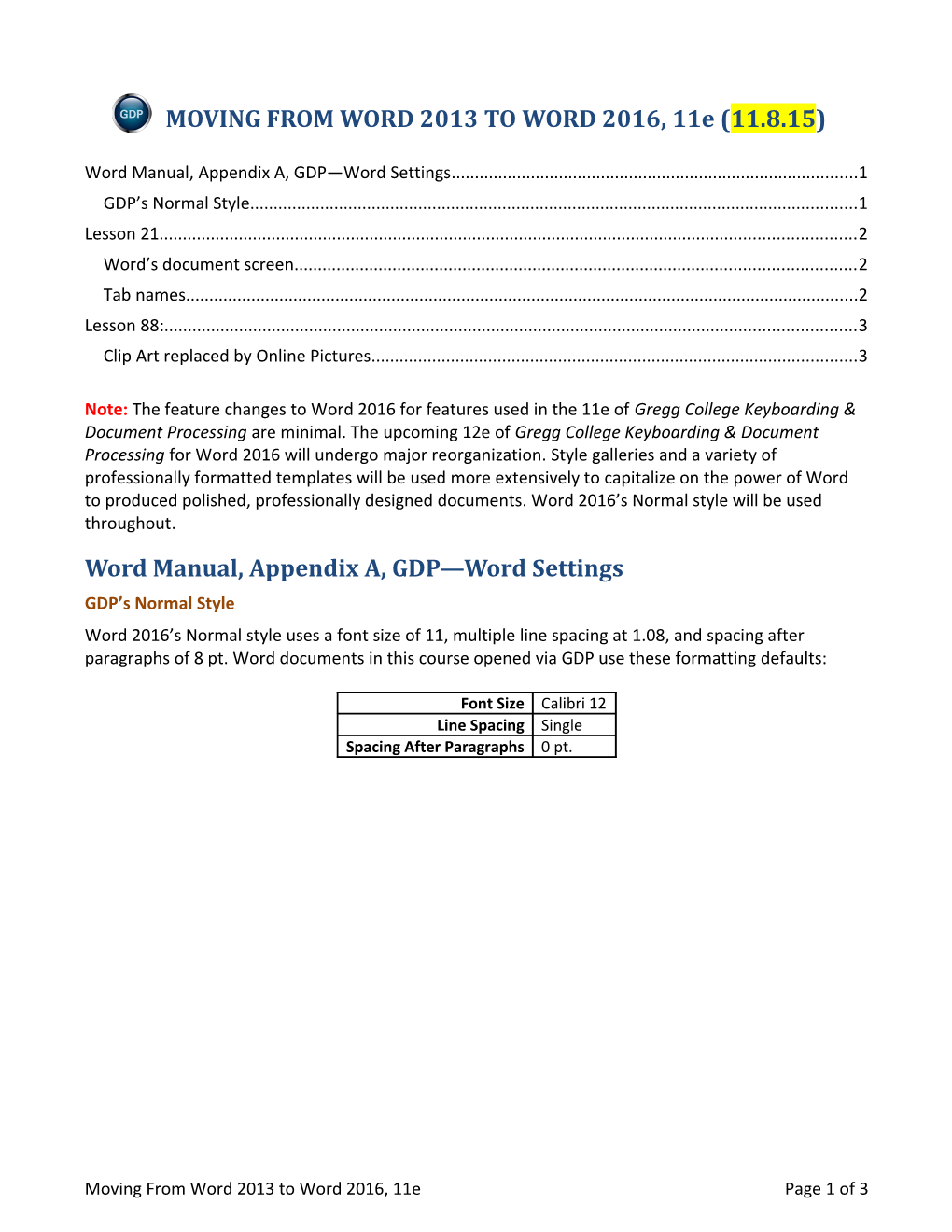 Word Manual, Appendix A, GDP Word Settings