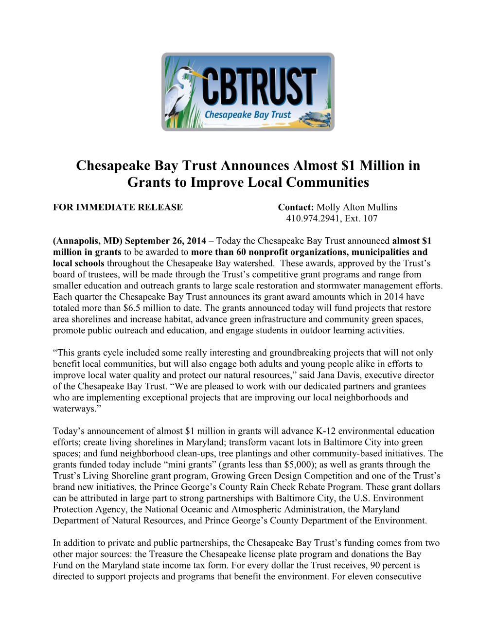 Chesapeake Bay Trust Announces Almost $1 Million in Grants to Improve Local Communities