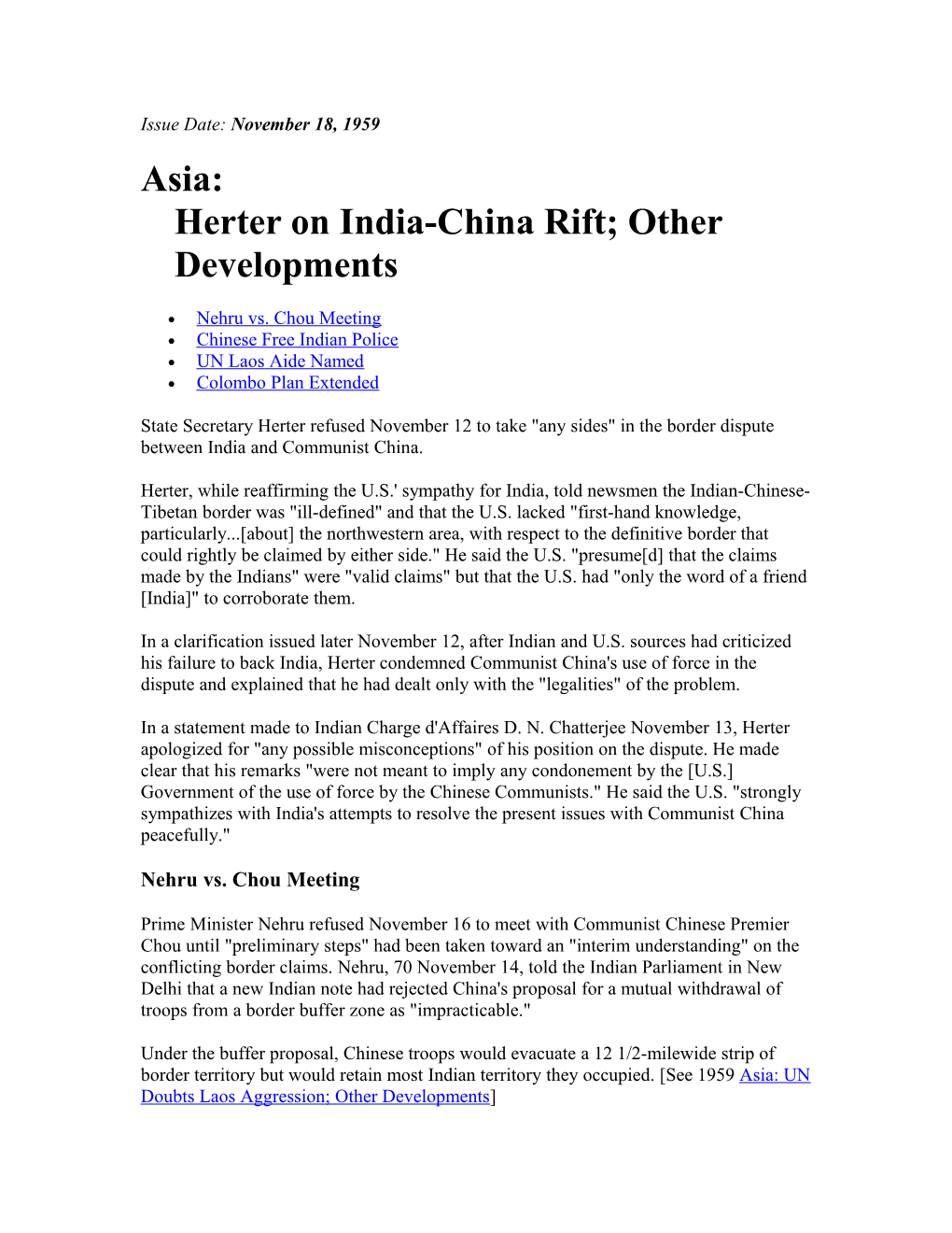Asia:Herter on India-China Rift; Other Developments