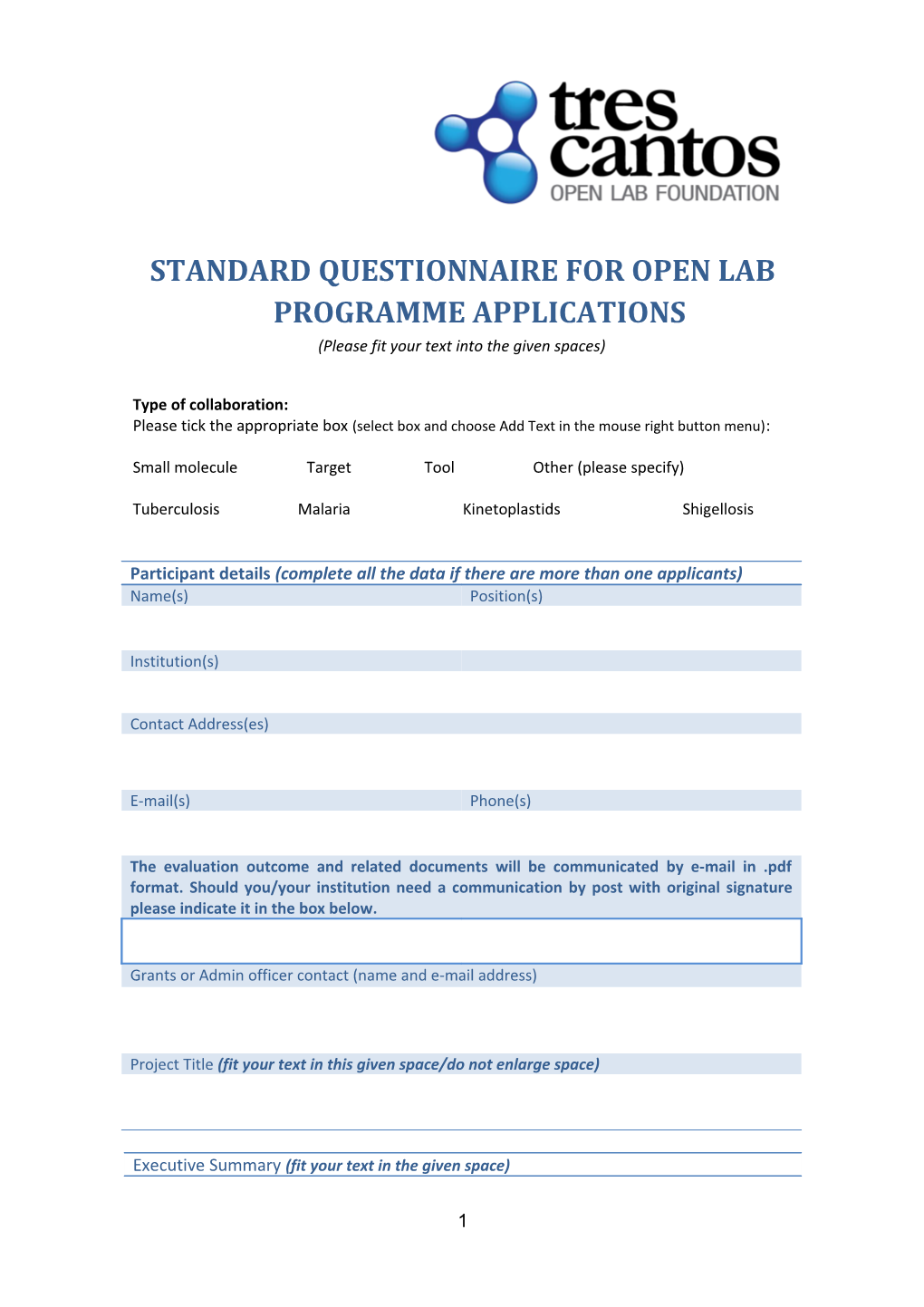 Standard Questionnaire for Open Labprogramme Applications