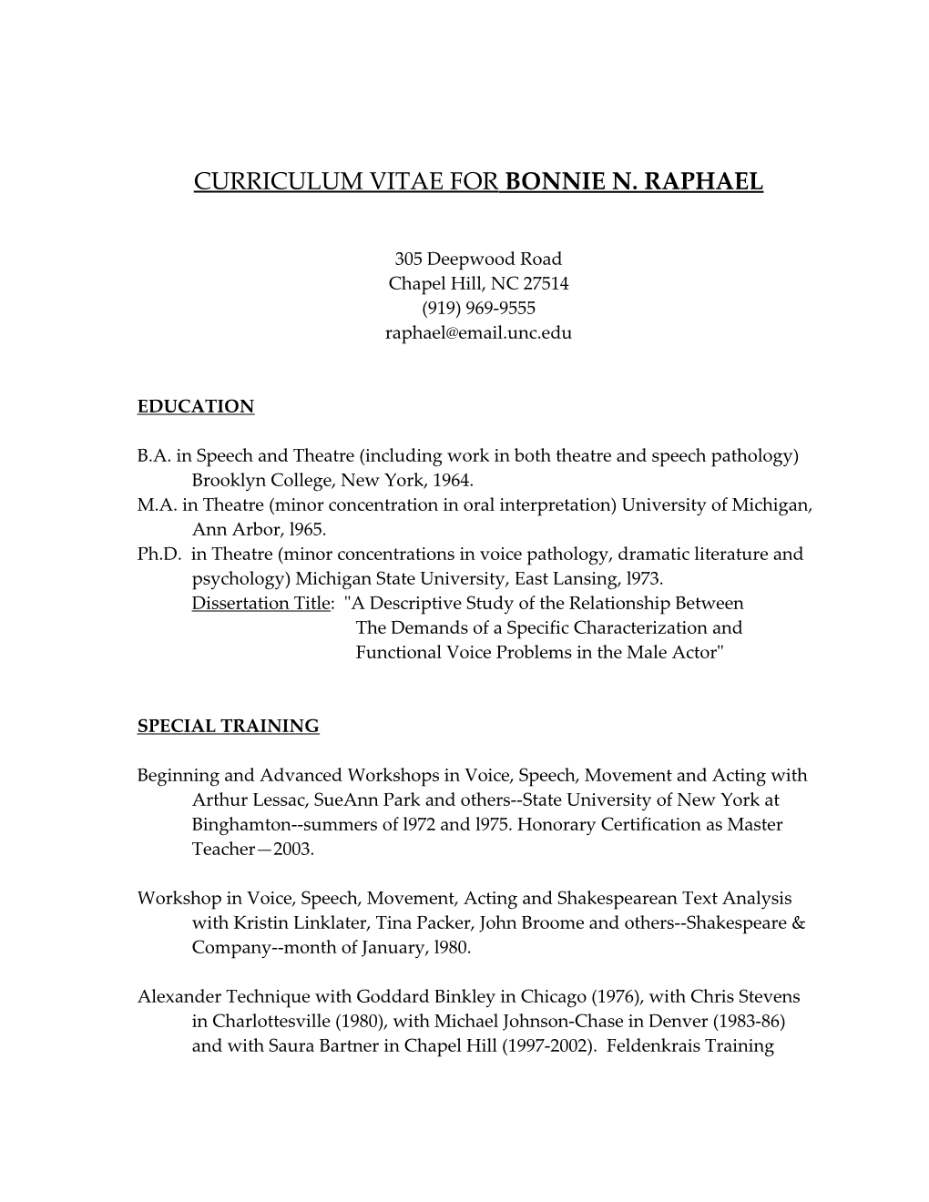 Curriculum Vitae for Bonnie N. Raphael