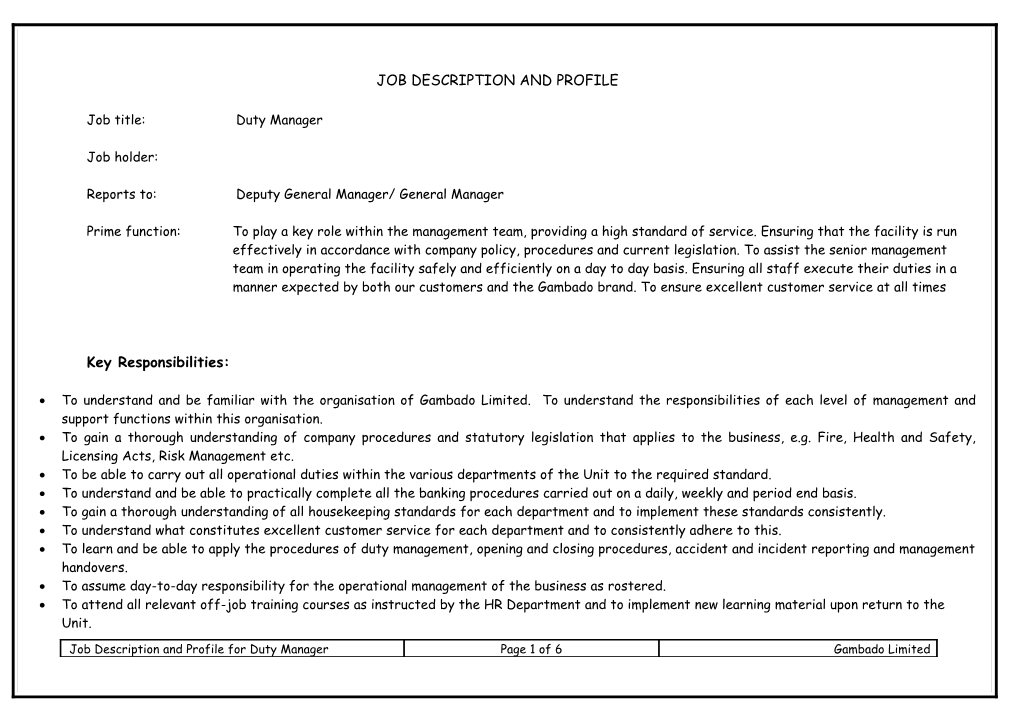 Job Description and Profile