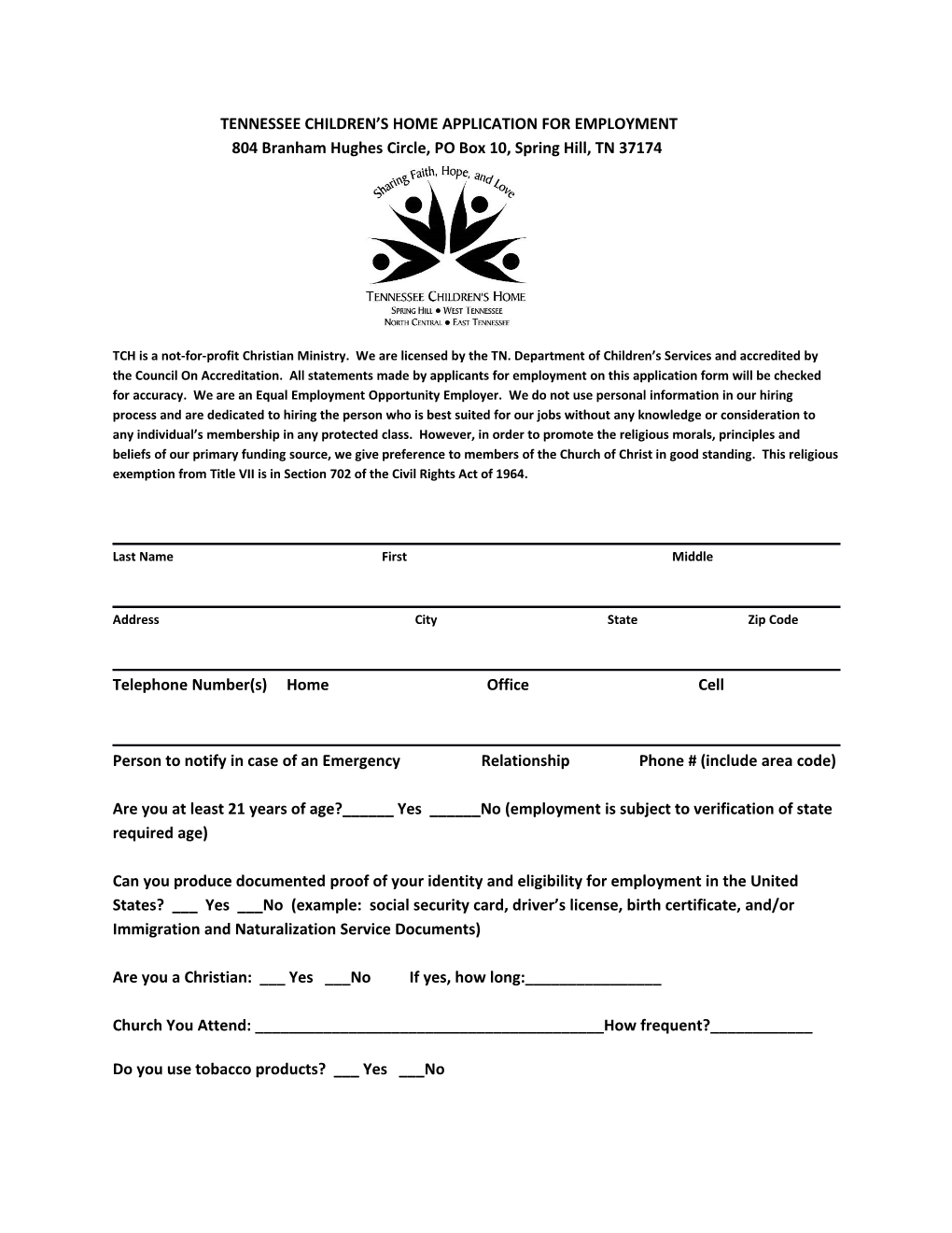 Tennessee Children S Home Application for Employment