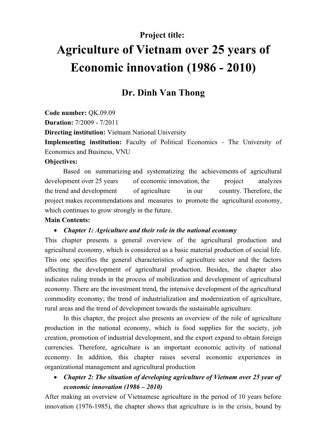 Agriculture of Vietnam Over 25 Years of Economic Innovation (1986 - 2010)