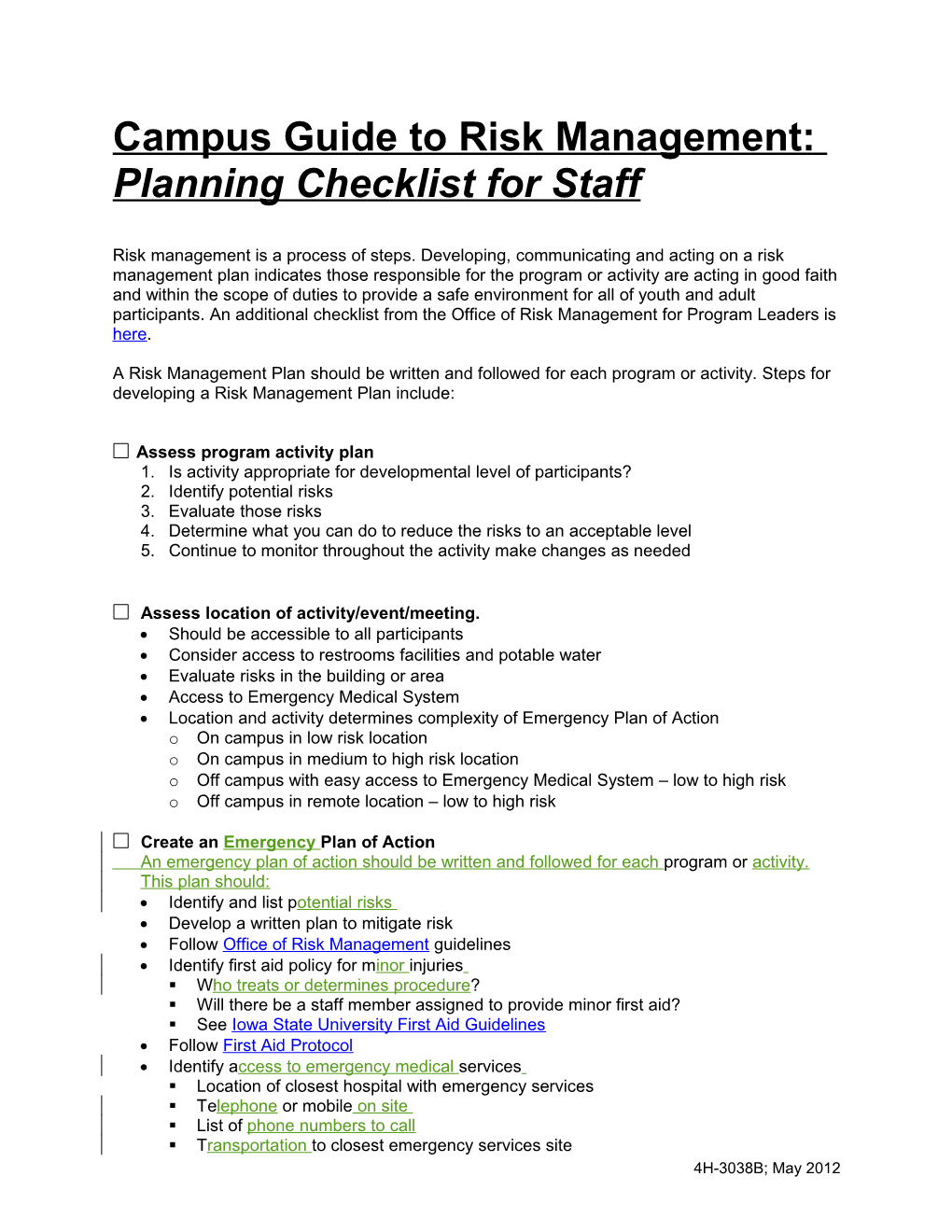 Campus Guide to Risk Management:Planning Checklist for Staff