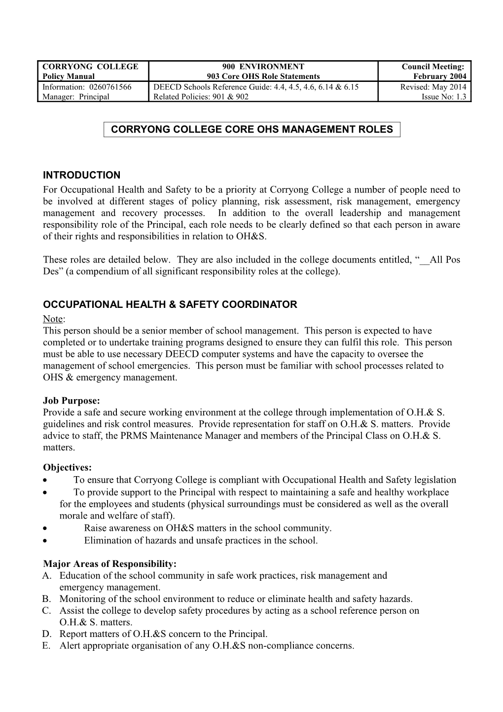 Corryongcollegecore Ohs Management Roles