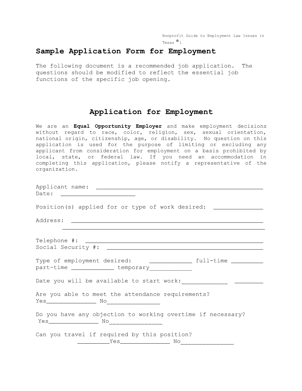 Sample Application Form for Employment