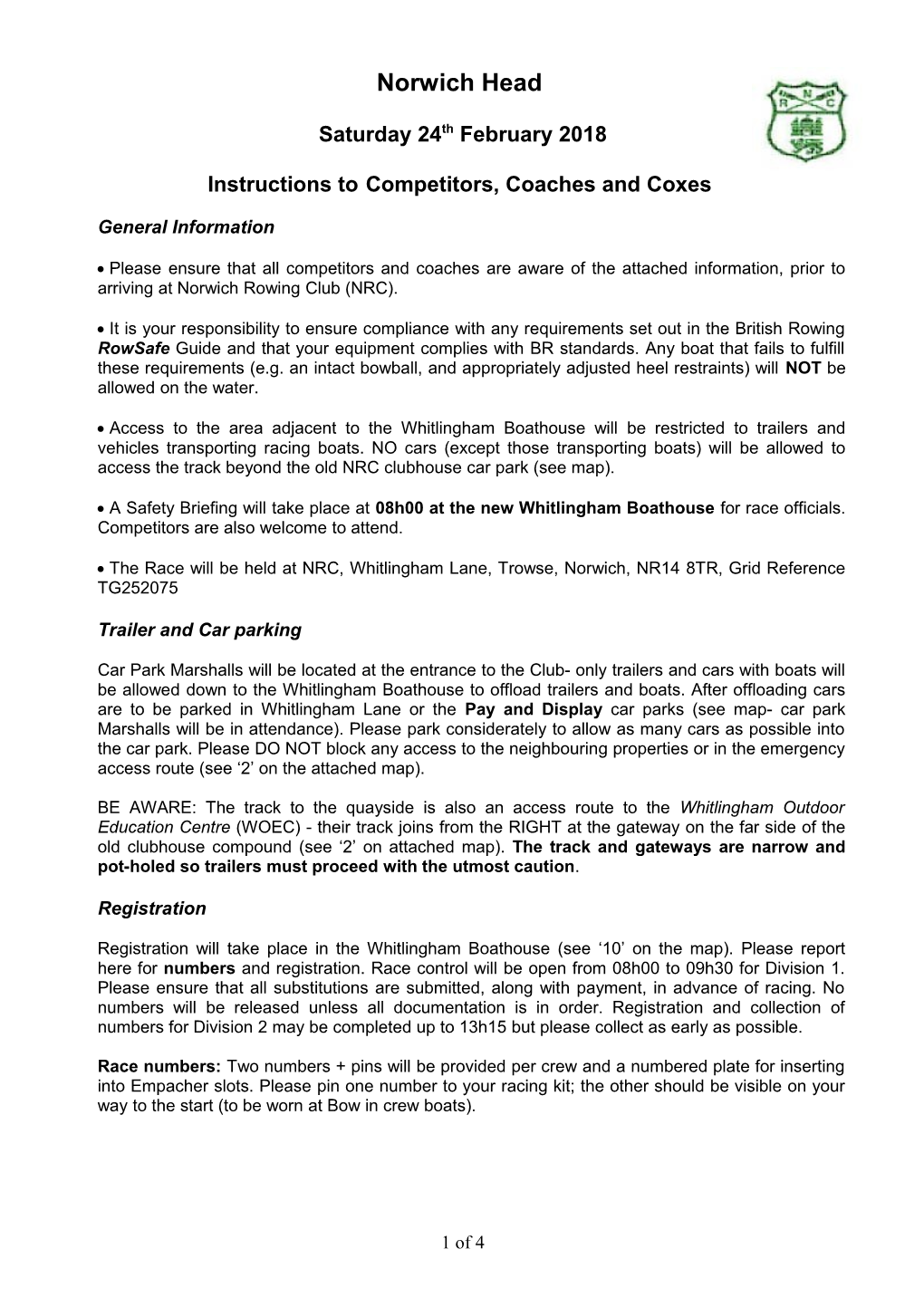 Instructions Tocompetitors, Coaches and Coxes