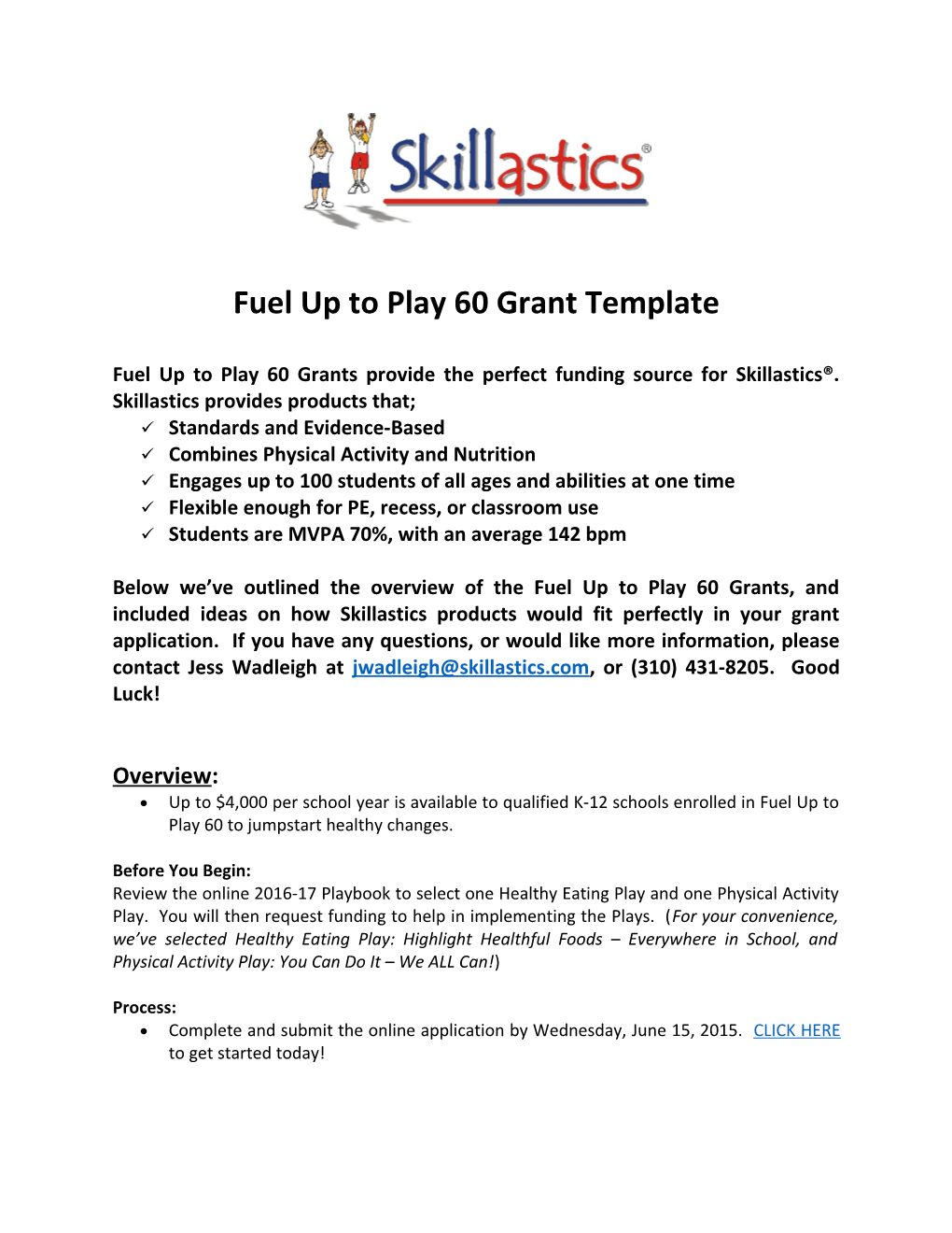 Fuel up to Play 60 Grant Template
