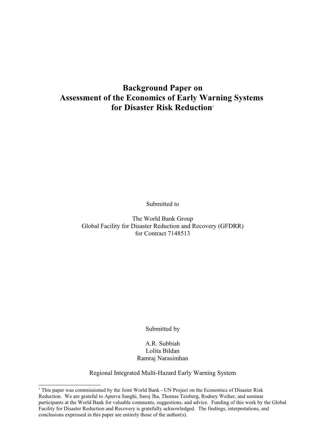 Assessment of the Economics of Early Warning Systems