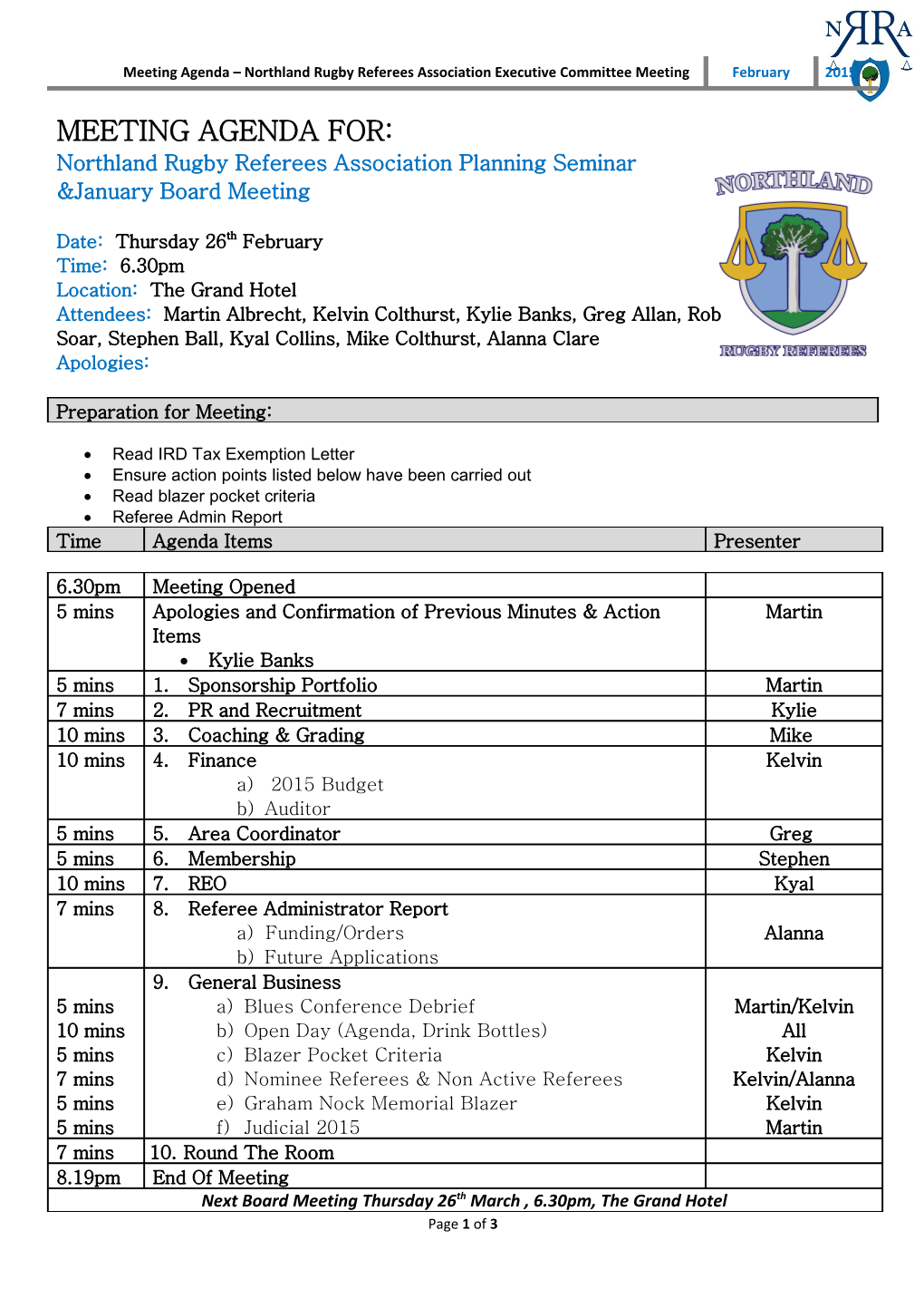Meeting Agenda Northland Rugby Referees Association Executive Committee Meeting