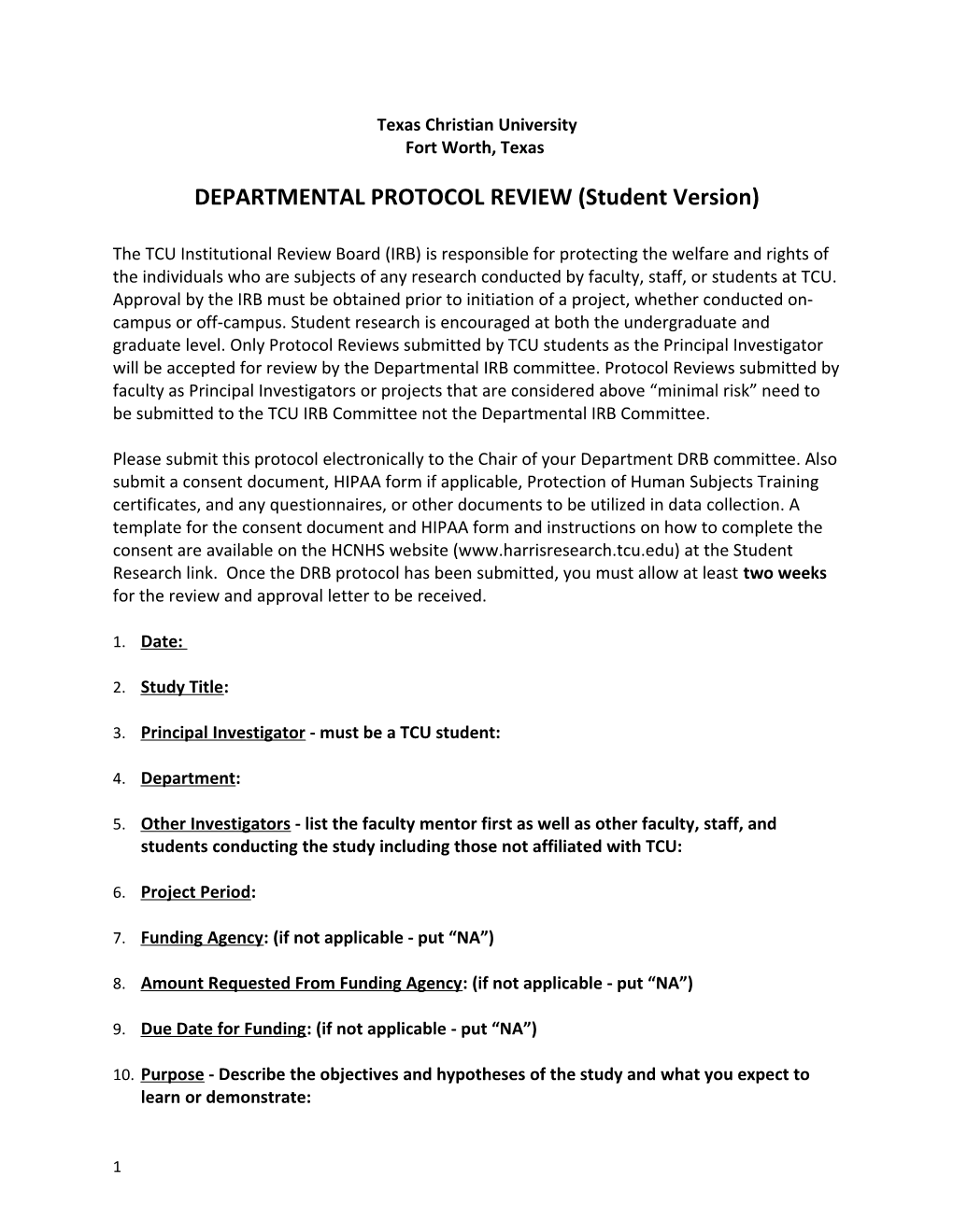 DEPARTMENTAL PROTOCOL REVIEW (Student Version)