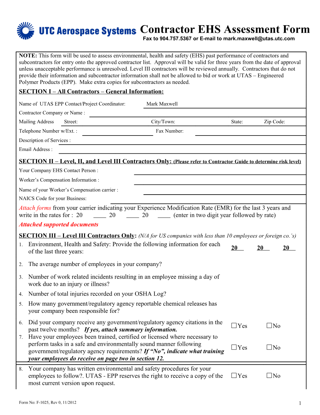 Contractor EHS Assessment Form