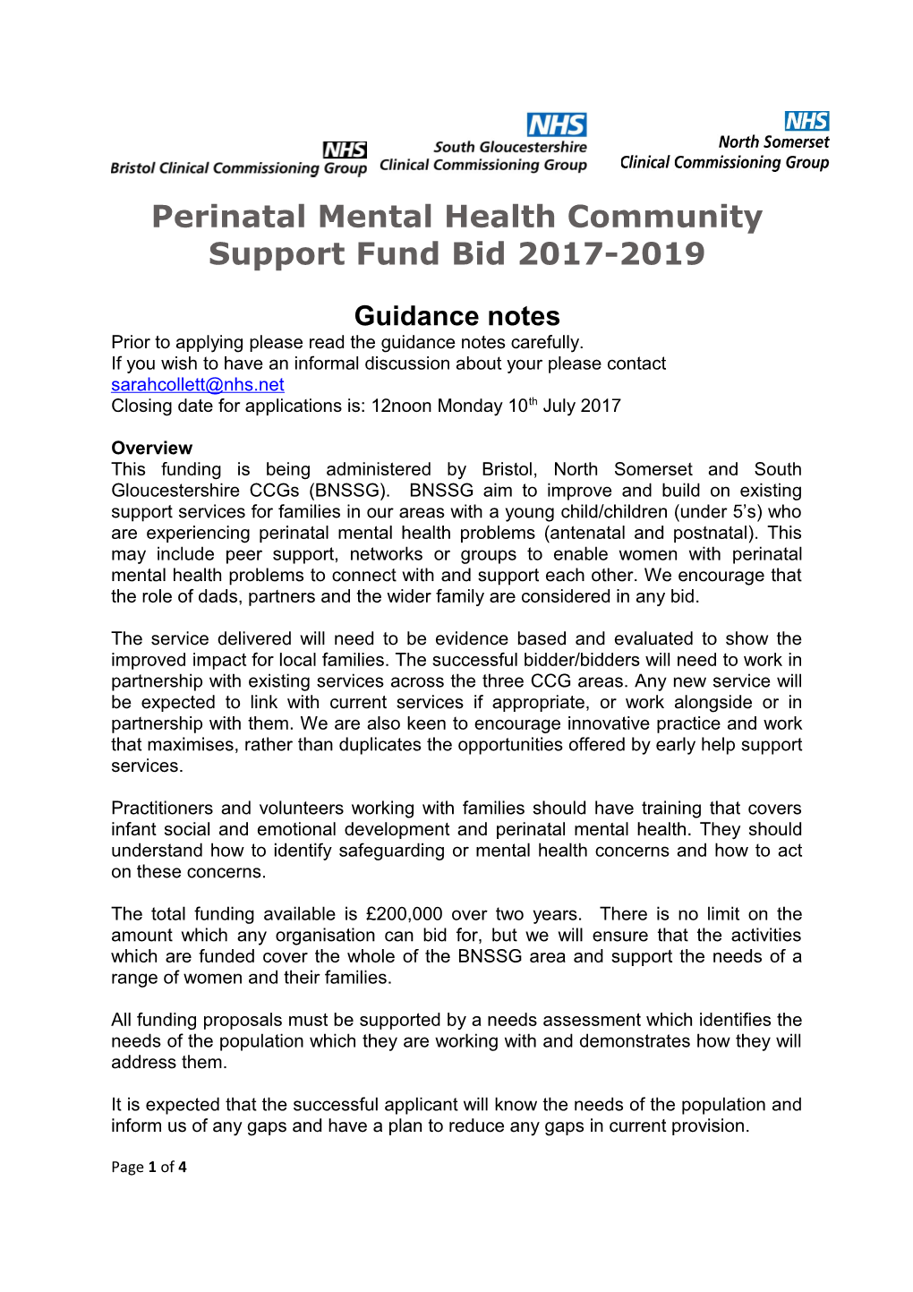 Perinatal Mental Health Community Support Fund Bid 2017-2019