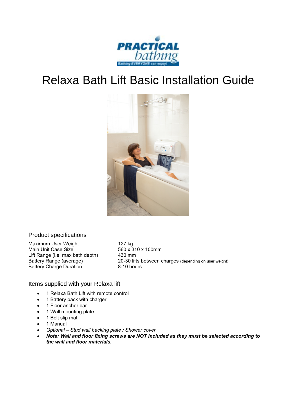 Relaxa Bath Liftbasic Installation Guide