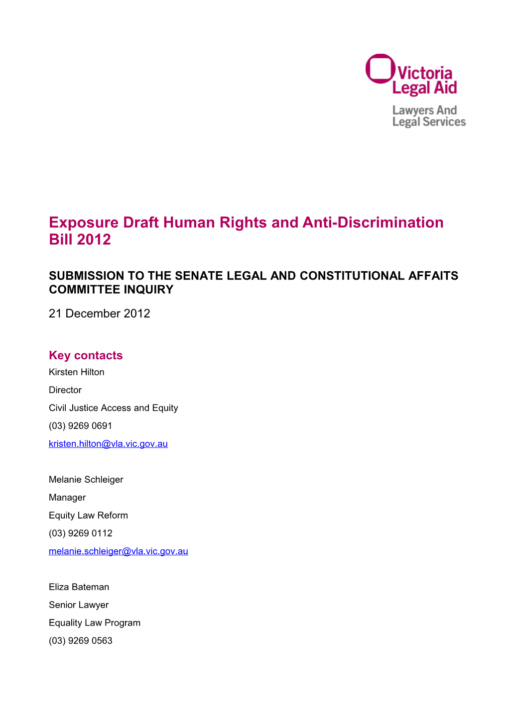 Exposure Draft Human Rights and Anti-Discrimination Bill 2012