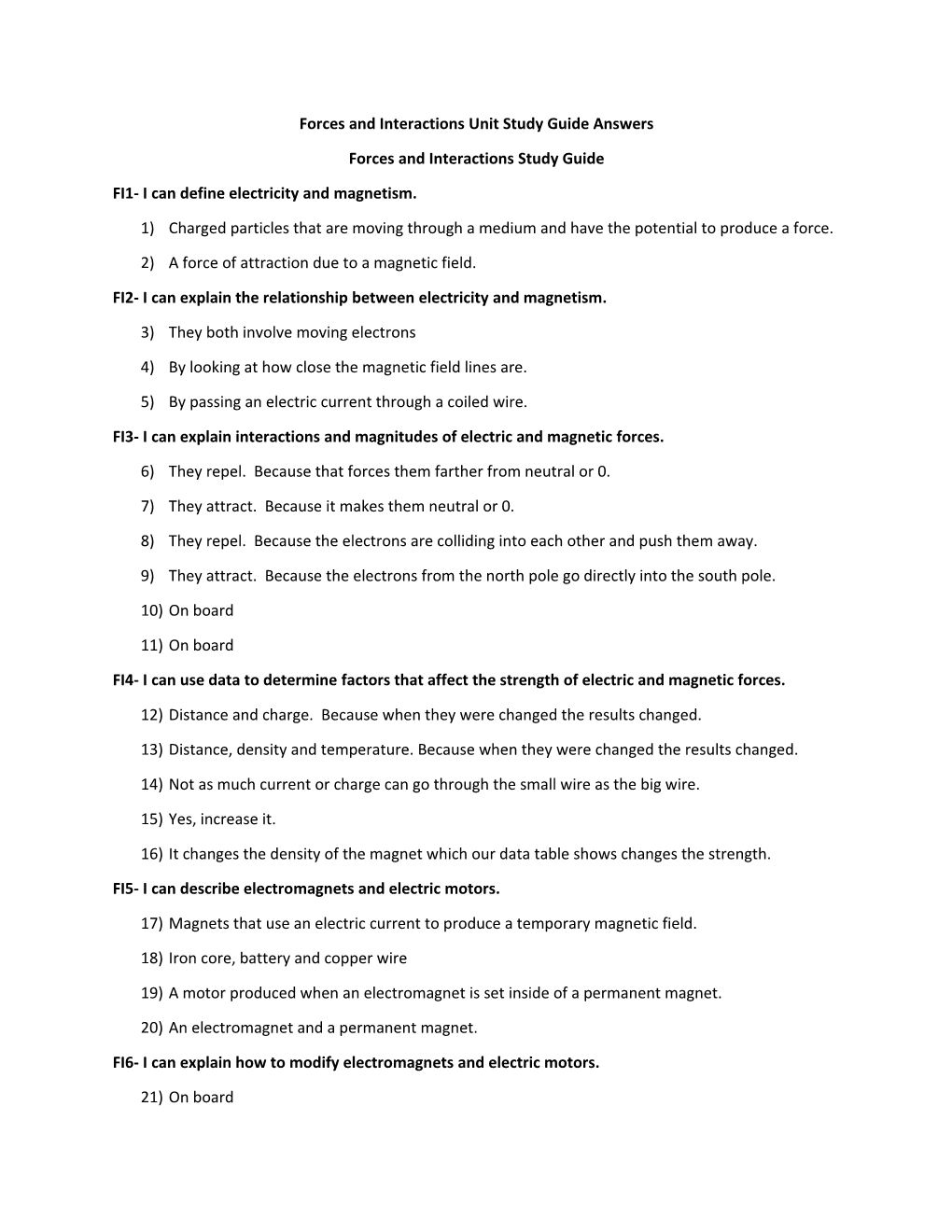 Forces and Interactions Unit Study Guide Answers