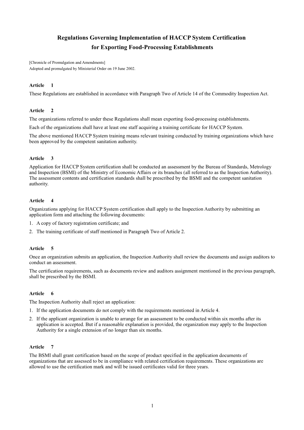 Regulations Governing Implementation of HACCP System Certification