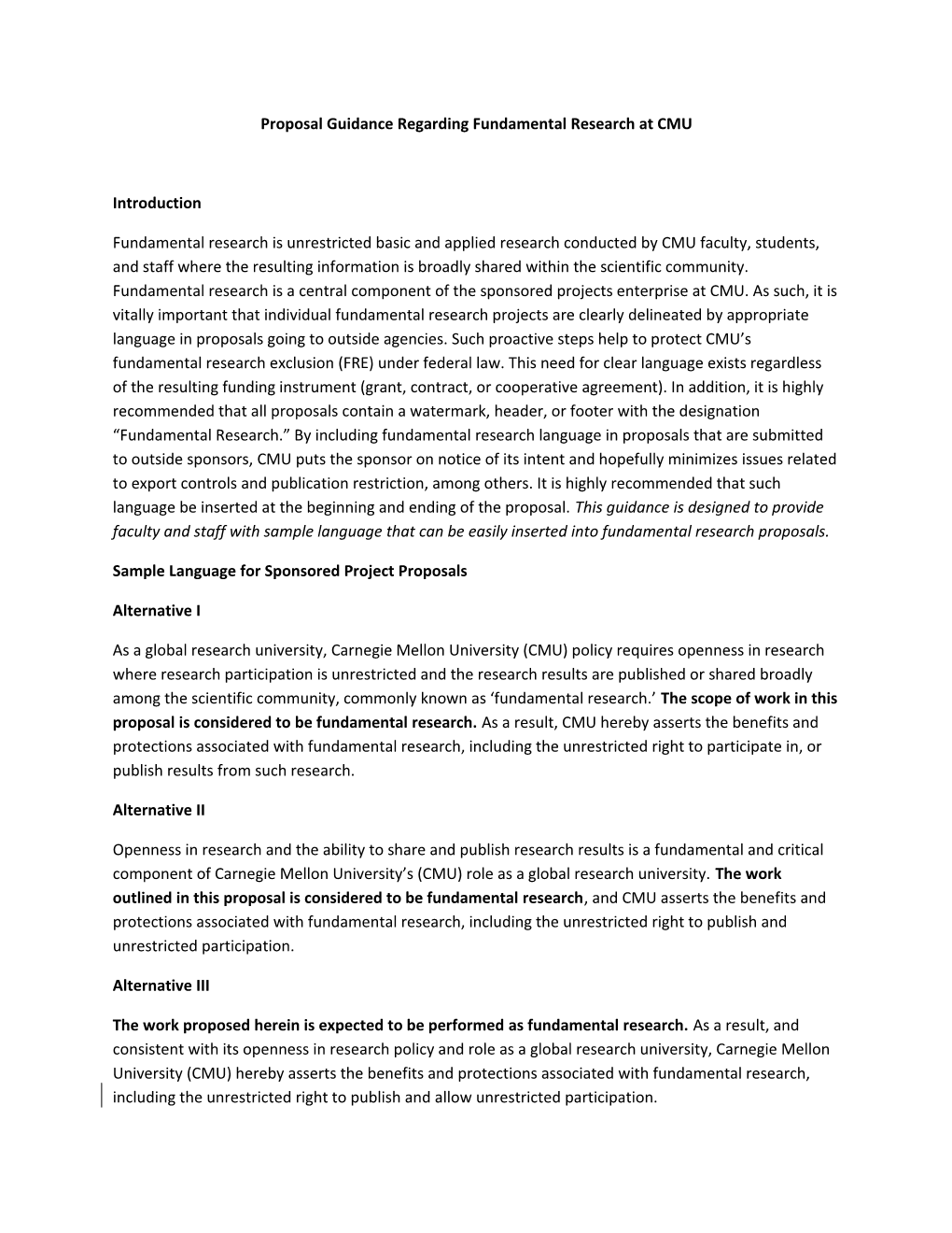 Proposal Guidance Regarding Fundamental Research at CMU