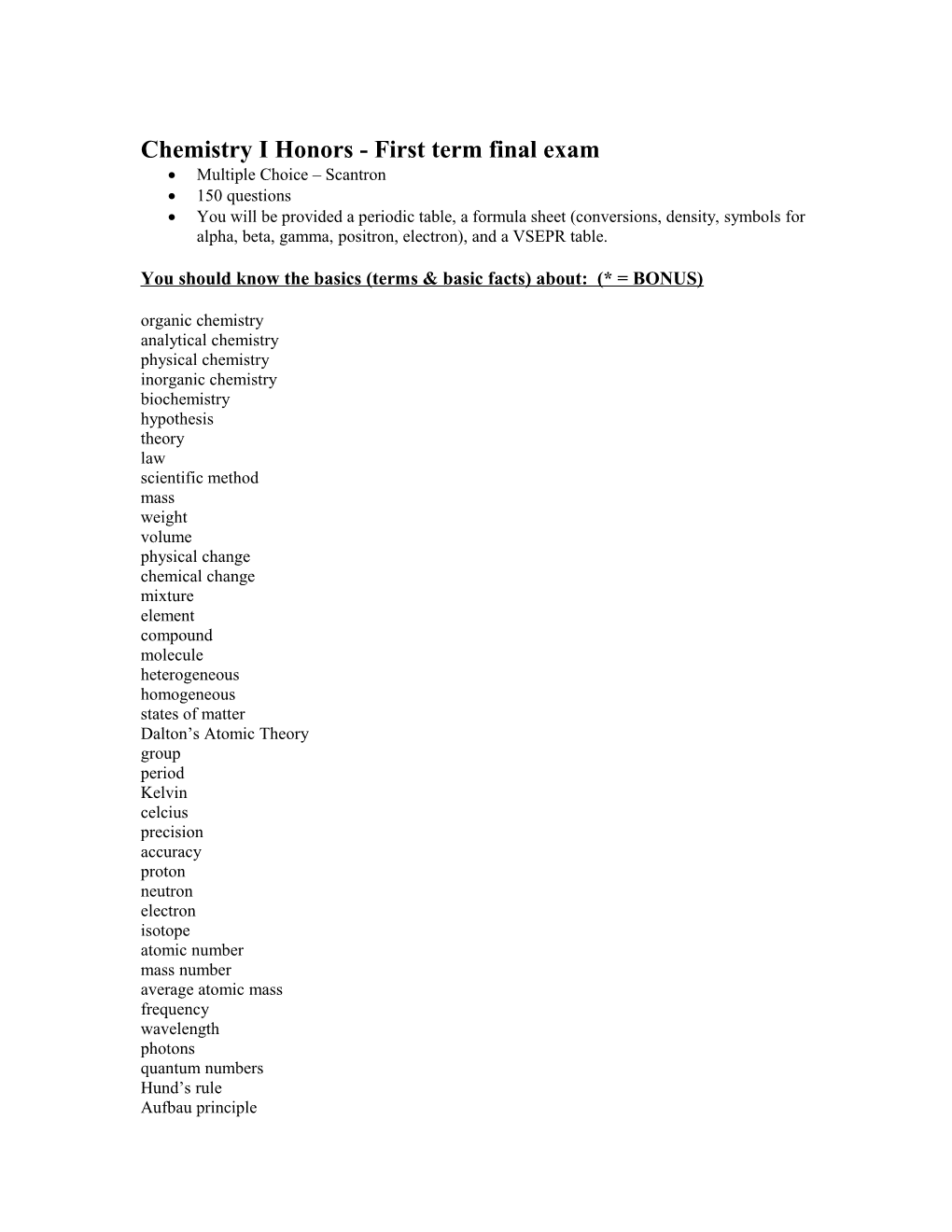 Chemistry I - First Term Final Exam