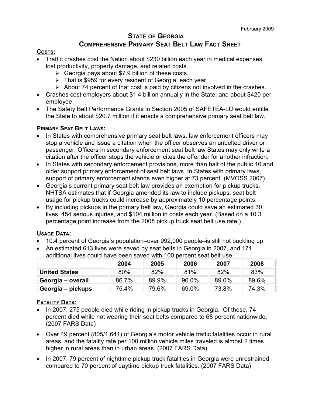 Comprehensive Primary Seat Belt Law Fact Sheet